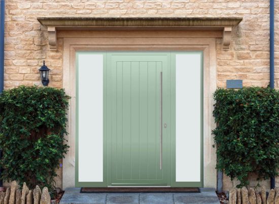 Abbey Solid - Aluminium Cotswold Green Front Door - With Double Sidelight