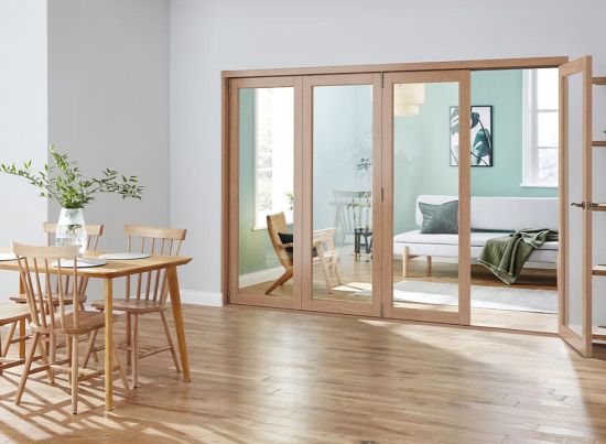 Access door open - Finesse Oak 3m (approx 10ft) Internal Bifold Doors - with bottom track