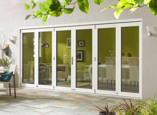 Outside, partially open Ultra 4.8m (approx 16ft) White Aluminium & Oak - Triple Glazed