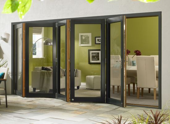 Outside, open Ultra 4.8m (approx 16ft) Grey Aluminium & Oak - 5 Door - Triple Glazed