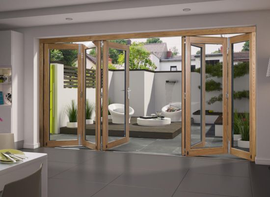 Partially open Elite Unfinished 4.8m (approx 16ft) Bifold Doors