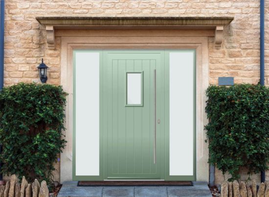 Abbey Rectangle - Aluminium Cotswold Green Front Door - With Double Sidelight