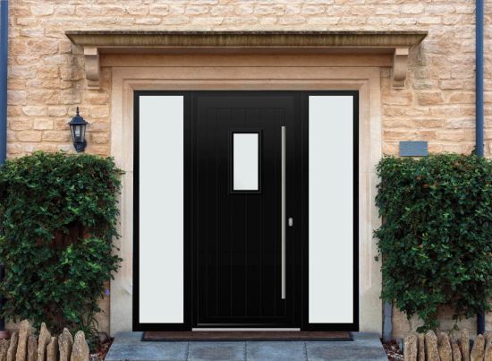 Abbey Rectangle - Aluminium Black Front Door - With Double Sidelight