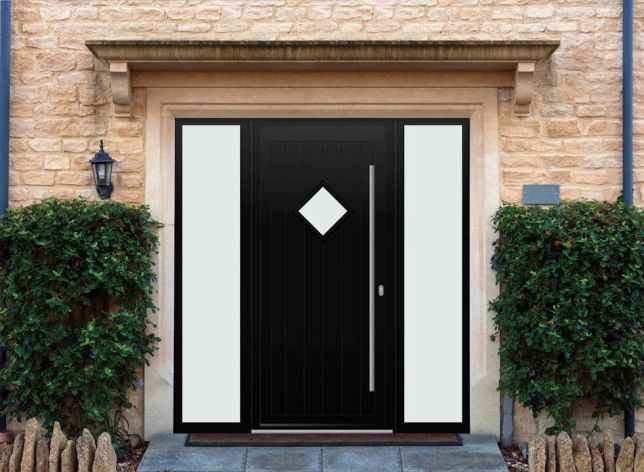 Abbey Diamond - Aluminium Black Front Door - With Double Sidelight