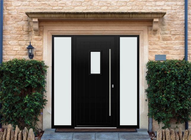 Abbey Rectangle - Aluminium Black Front Door - With Double Sidelight