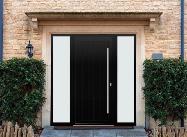 Abbey Solid - Aluminium Black Front Door - With Double Sidelight