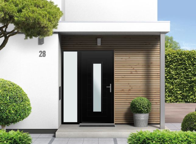 Portobello Glazed - Aluminium Black Front Door - With Sidelight