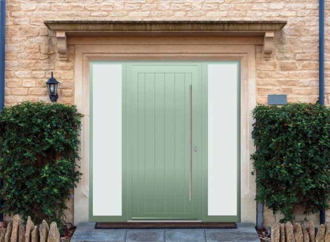 Abbey Solid - Aluminium Cotswold Green Front Door - With Double Sidelight