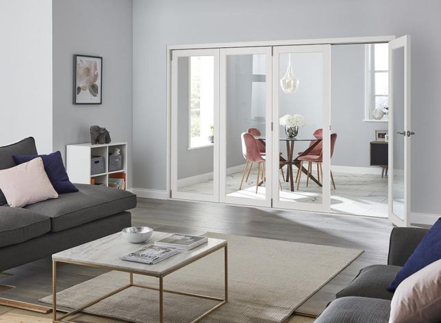 Access door open - Finesse White 3m (approx 10ft) Internal Bifold Doors - with bottom track