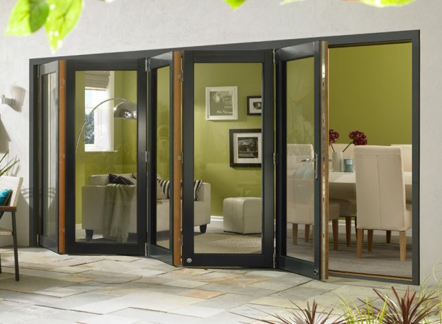 Outside, open Ultra 4.2m (approx 14ft) Grey Aluminium & Oak - Triple Glazed