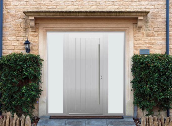 Abbey Solid - Aluminium Agate Grey Front Door - With Double Sidelight