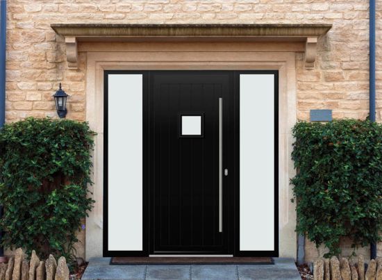 Abbey Square - Aluminium Black Front Door - With Double Sidelight
