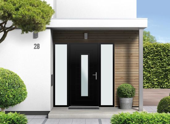 Portobello Glazed - Aluminium Black Front Door - With Double Sidelight
