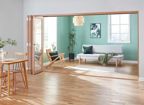 Fully open - Finesse Oak 3.6m (approx 12ft) Internal Bifold Doors - with bottom track Fully open - Finesse Oak 3.6m (approx 12ft) Internal Bifold Doors - with bottom track