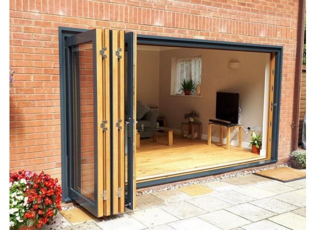 Outside fully open 4.2M Grey Ultra Bifold Doors