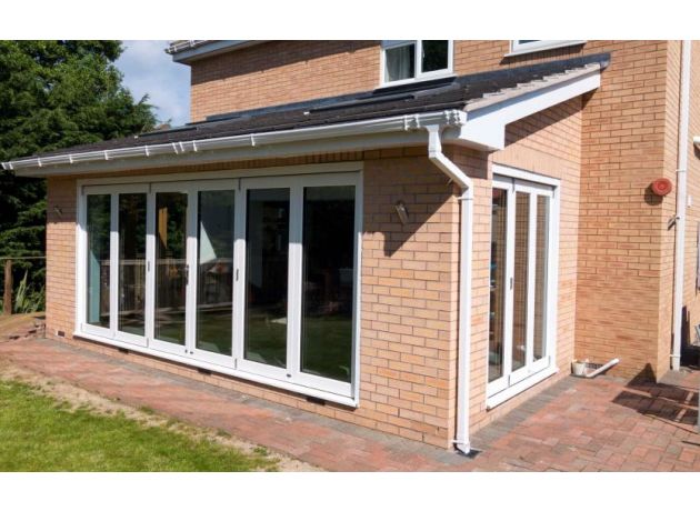 Outside, Closed 16ft and 6ft White Ultra Bifold Doors
