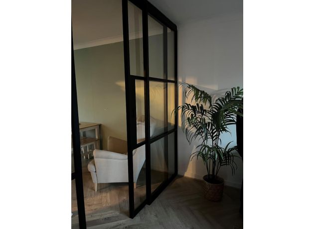 2.7m Black Aluspace Sliding Door - 2 Fixed 1 Sliding - Open