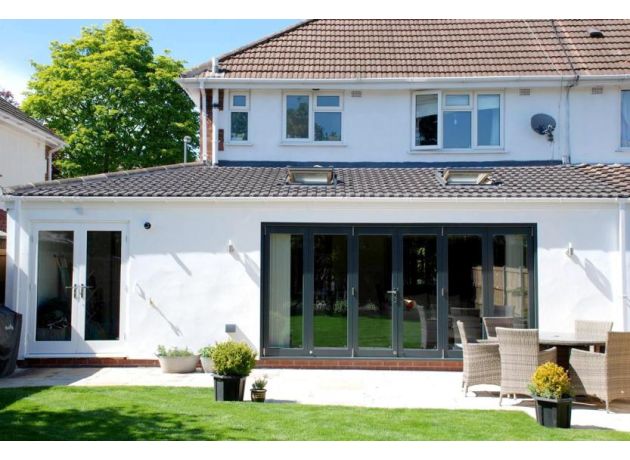 Outside, closed view of an Ultra Grey 14ft External Bi-folding Door