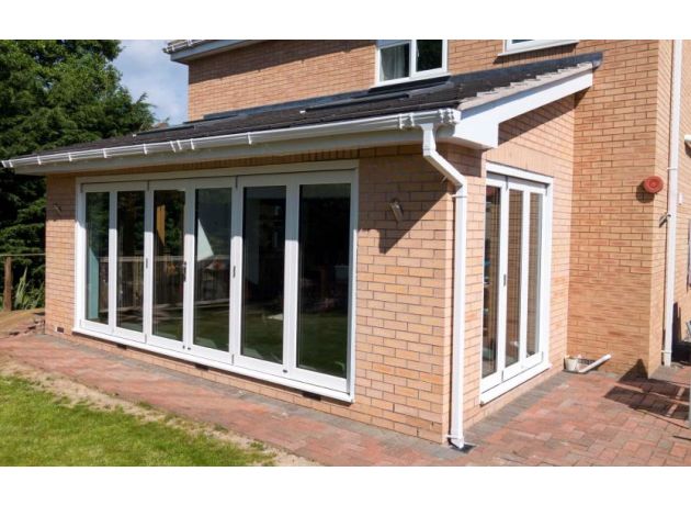 Outside, Closed 16ft and 6ft White Ultra Bifold Doors
