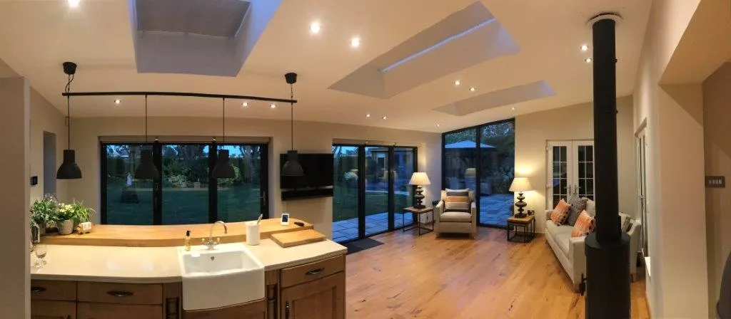 large kitchen with 2 sets of bifold doors