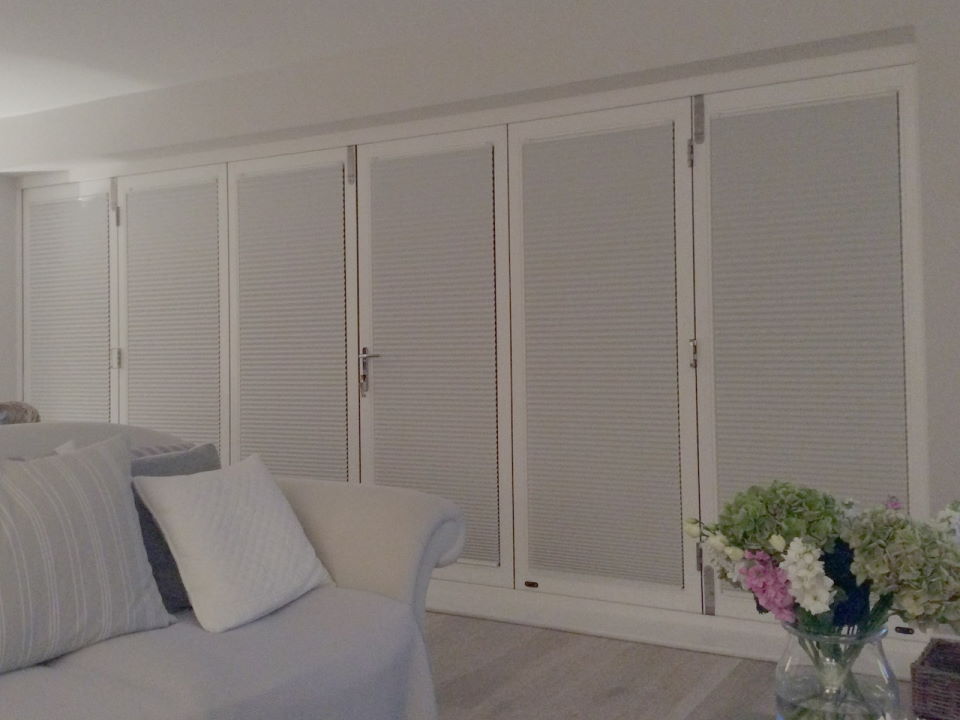 Closed inside view Master Timber 4.8M Bifold Doors with Blinds