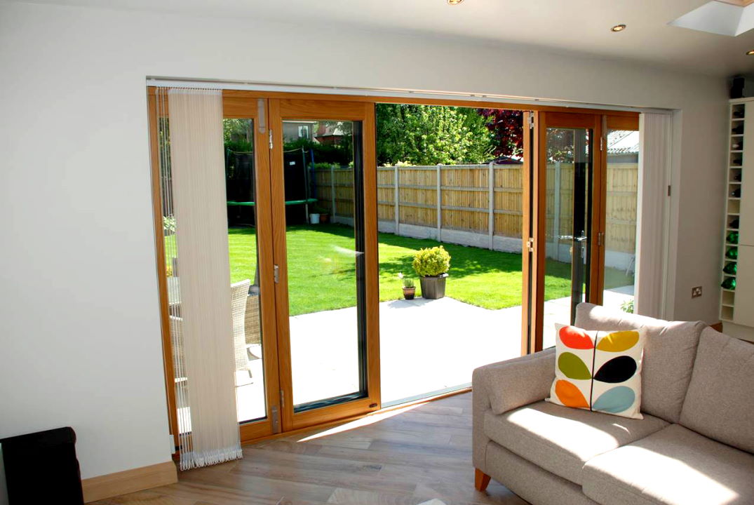 Inside, open view of an Ultra 14ft External Bifold door