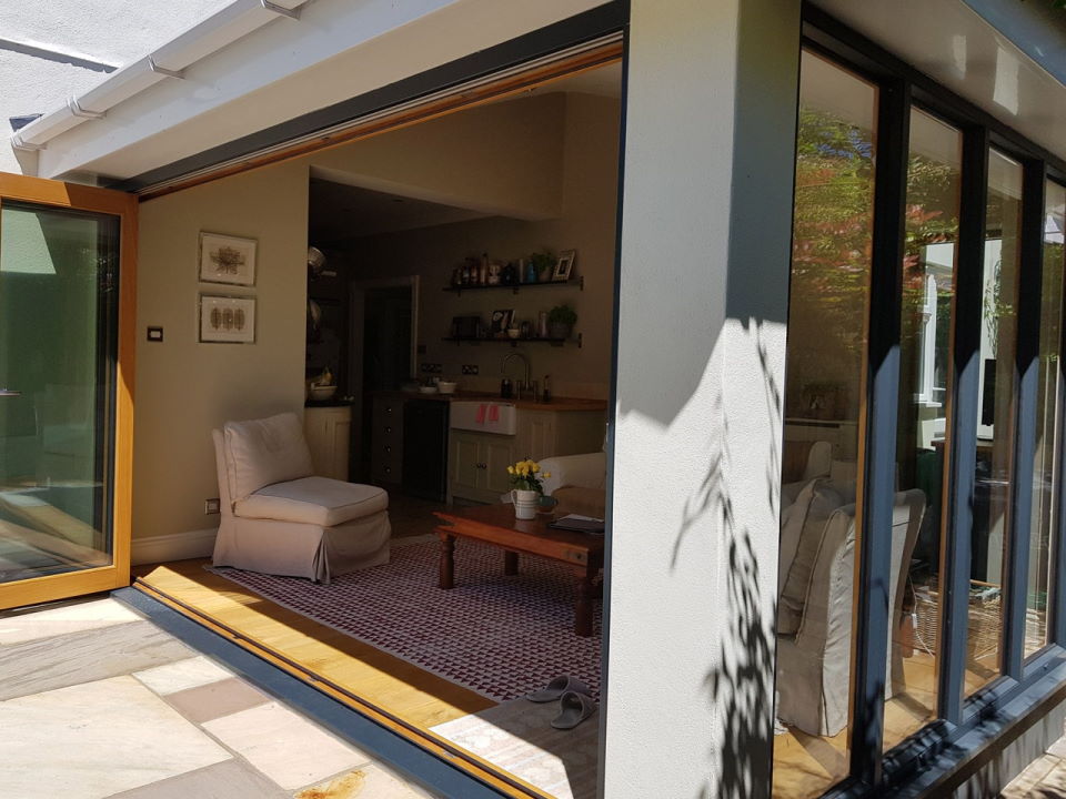 Ultra Grey 3.6M Bifold doors and Bespoke Ultra window