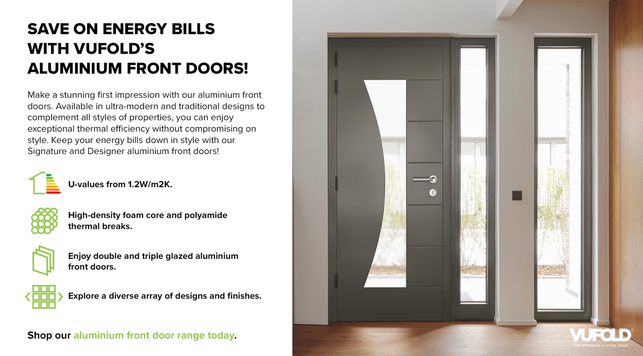 Infographic saying 'Save on energy bills with Vufolds Aluminium Front Doors'