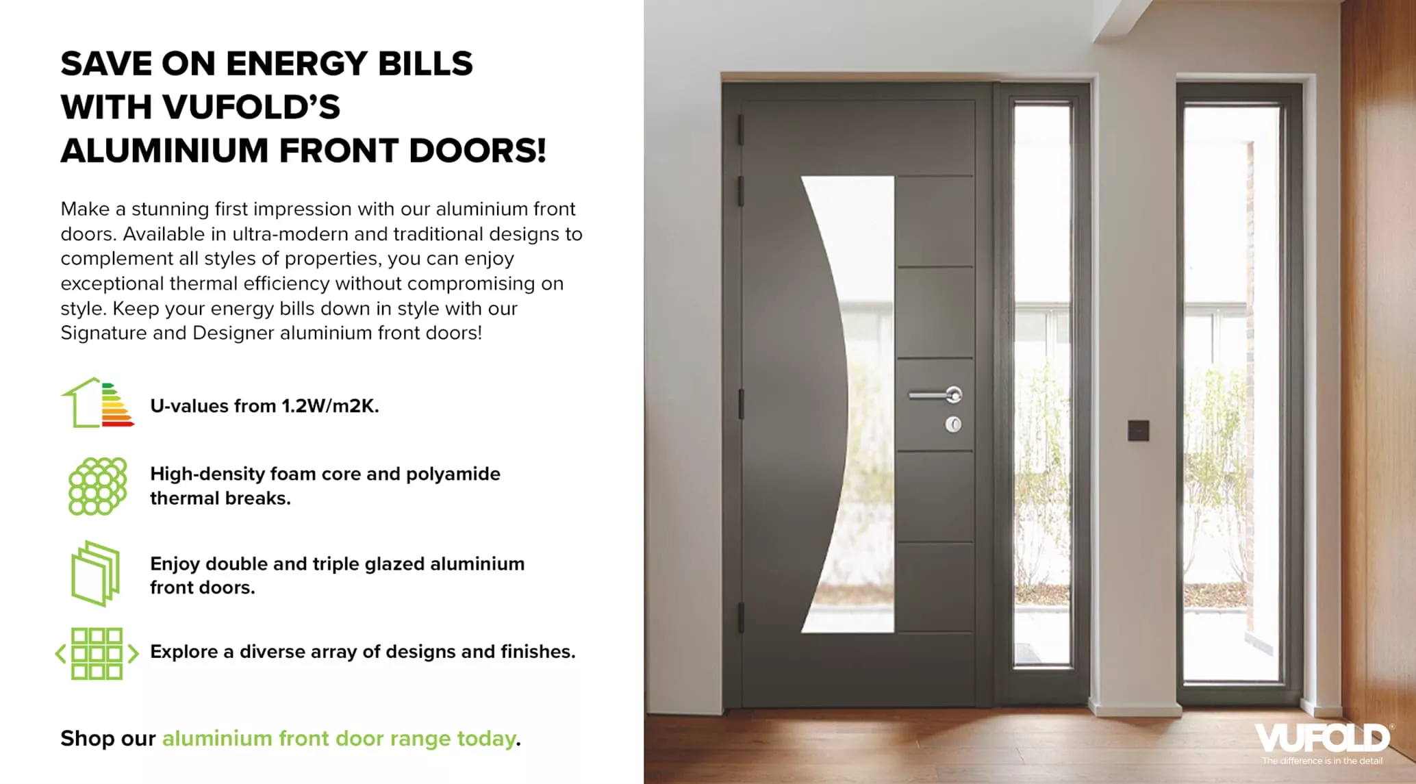 Infographic banner showing you how you can save on energy bills with vufold front doors 