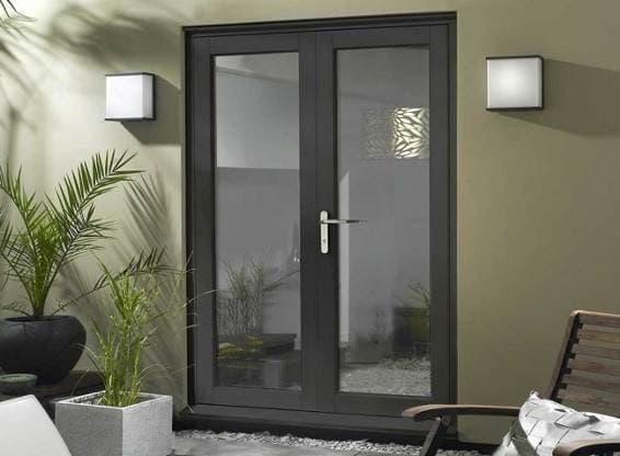 External black wooden french doors closed