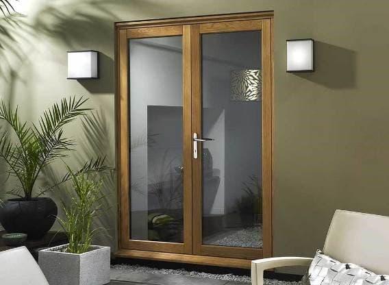 External wooden french doors closed