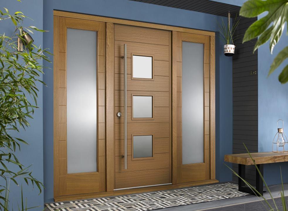 Wooden front door with 2 glass side panels