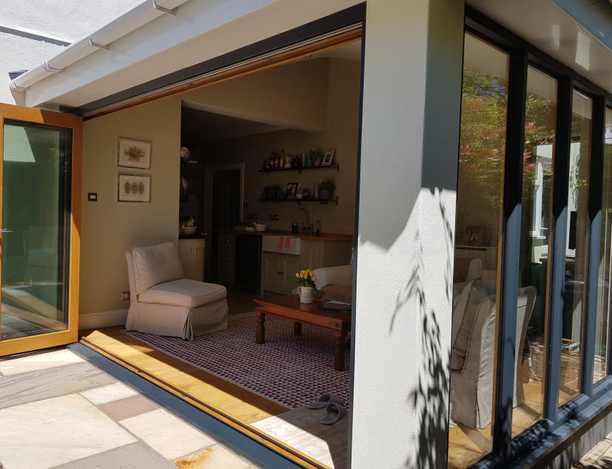 Ultra Grey 3.6M Bifold doors and Bespoke Ultra window