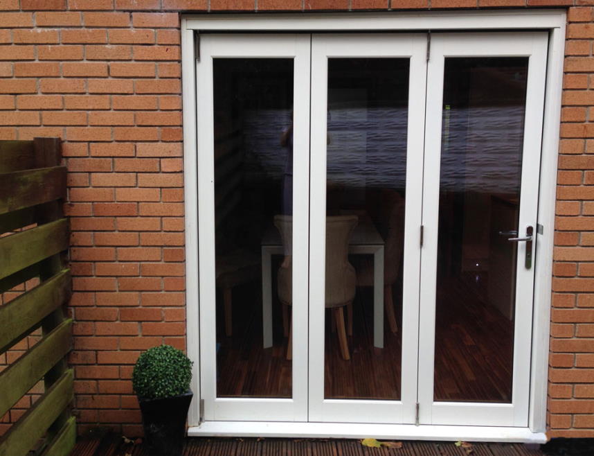 Outside, closed 1.8M Ultra white extrenal bifold doors