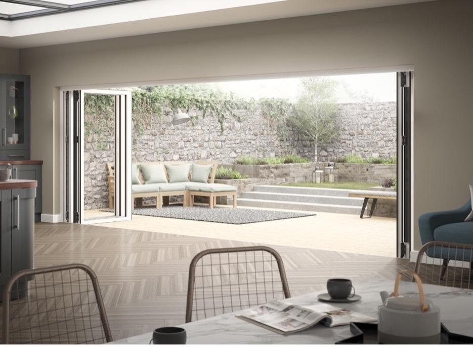 wide bifold doors in a kitchen setting